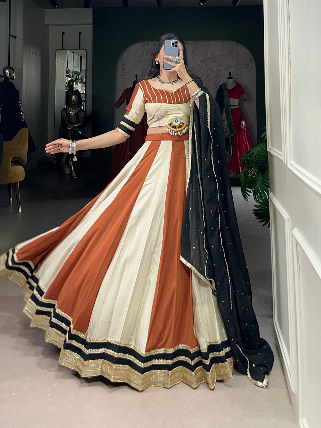 Lorenvalley Cream Chinon Sequins Lace Touch Up Lehenga Choli with Dupatta