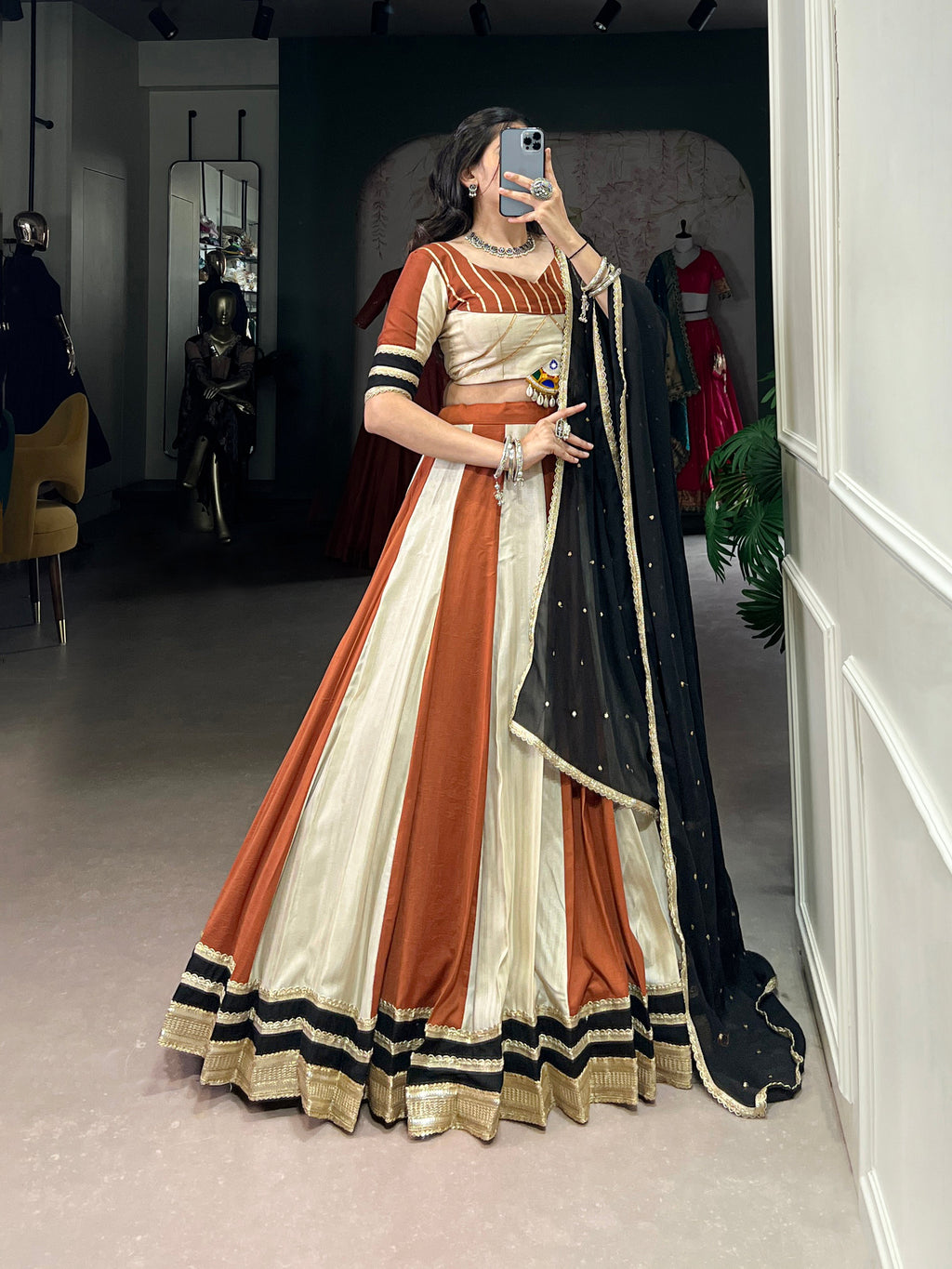 Lorenvalley Cream Chinon Sequins Lace Touch Up Lehenga Choli with Dupatta