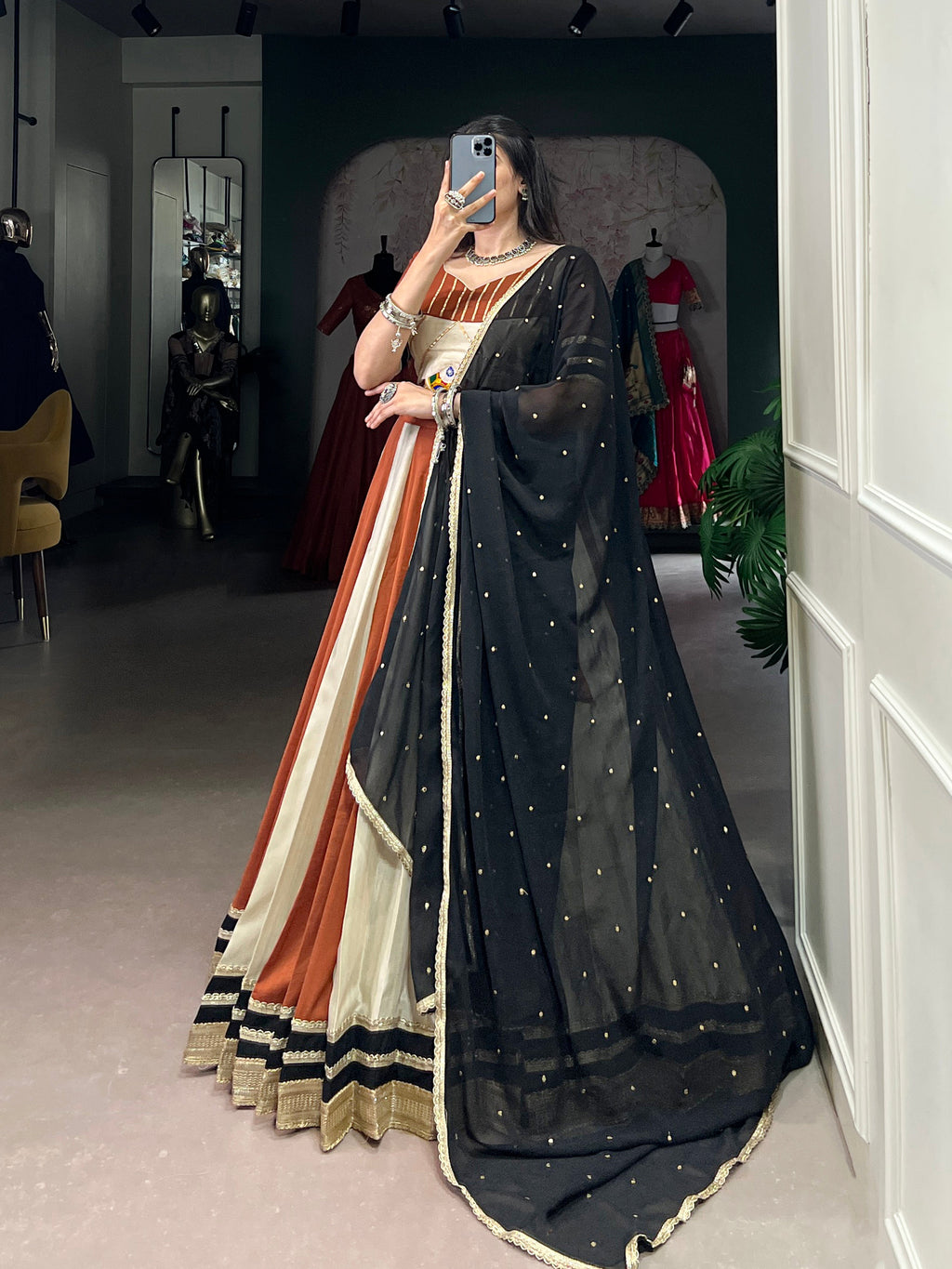 Lorenvalley Cream Chinon Sequins Lace Touch Up Lehenga Choli with Dupatta