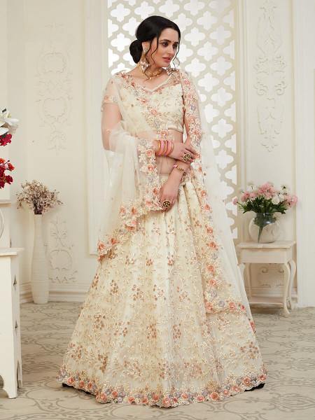 Myra Cream Heavy Embroidered Net Lehenga