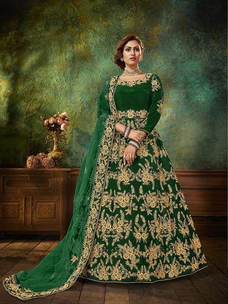 Green Velvet Embroidered Anarkali 