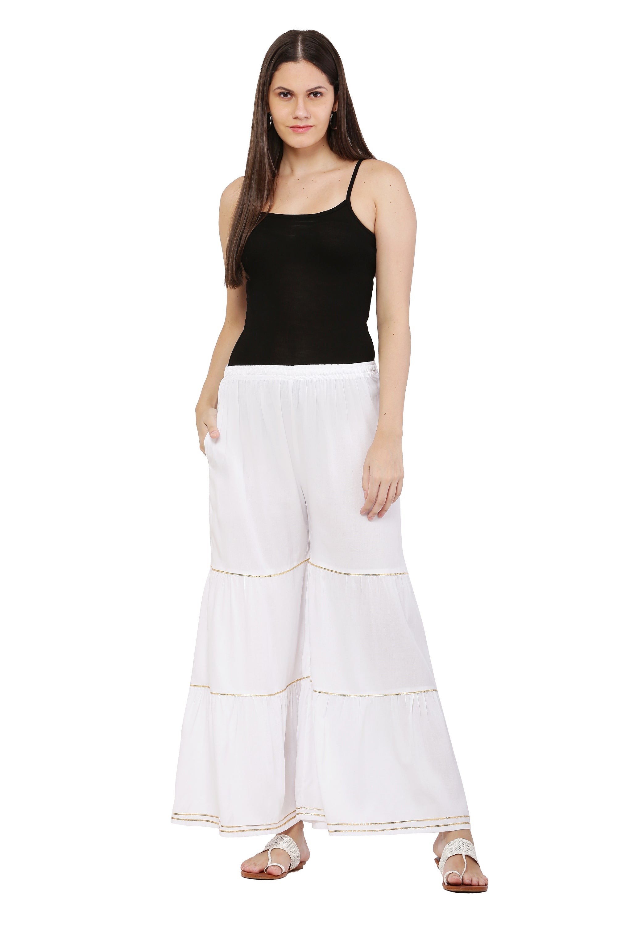 PAVONINE White Color 3-Panels Golden Gota Flared Sharara For Women - Distacart