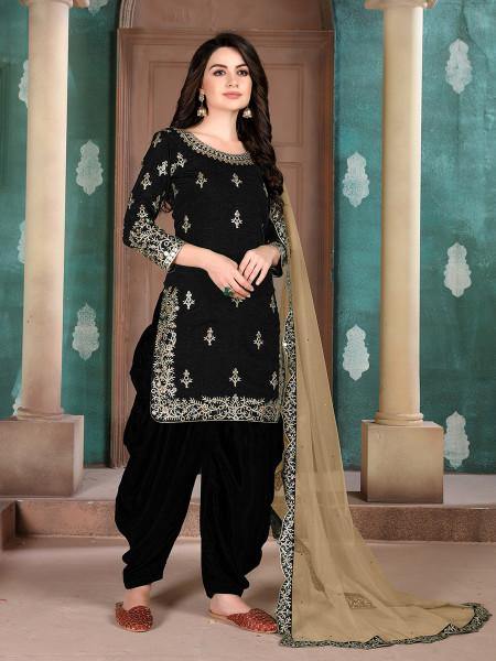 Myra Black Art Silk Embroidered Beautiful Patiyala Suit