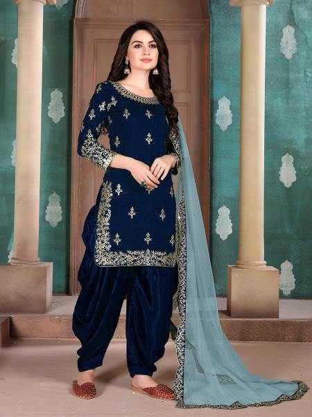 Myra Navy Blue Art Silk Embroidered Patiyala Suit