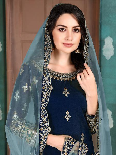 Myra Navy Blue Art Silk Embroidered Patiyala Suit