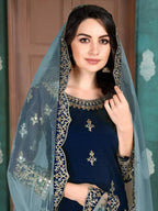 Myra Navy Blue Art Silk Embroidered Patiyala Suit