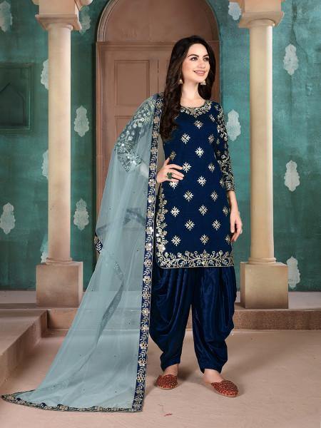 Myra Navy BlueArt Silk Embroidered Patiyala Suit