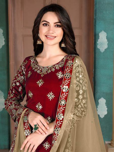 Myra Red Blue Art Silk Embroidered Patiyala Suit