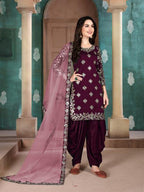 Myra Wine Art Silk Embroidered Patiyala Suit