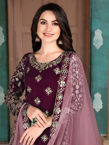 Myra Wine Art Silk Embroidered Patiyala Suit