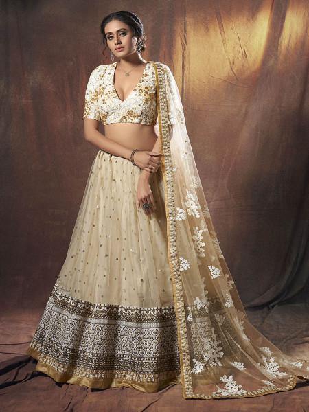 Myra Beige Embroidered Soft Net Lehenga online
