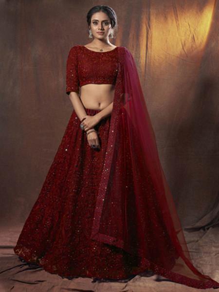 Myra Maroon Embroidered Soft Net Lehenga