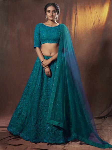 Myra Beautiful Rama Embroidered Soft Net Lehenga online