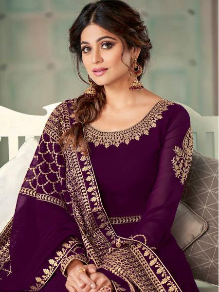 Myra Wine Embroidered Real Georgette Anarkali Suit