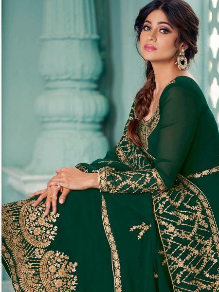 Green Embroidered Real Georgette Anarkali Suit