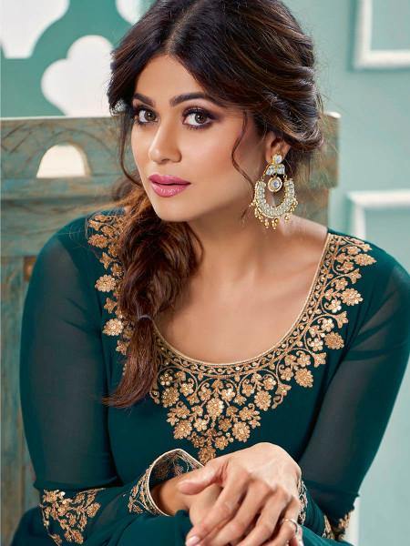 Myra Teal Embroidered Real Georgette Anarkali Suit