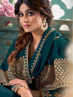 Myra Teal Embroidered Real Georgette Anarkali Suit