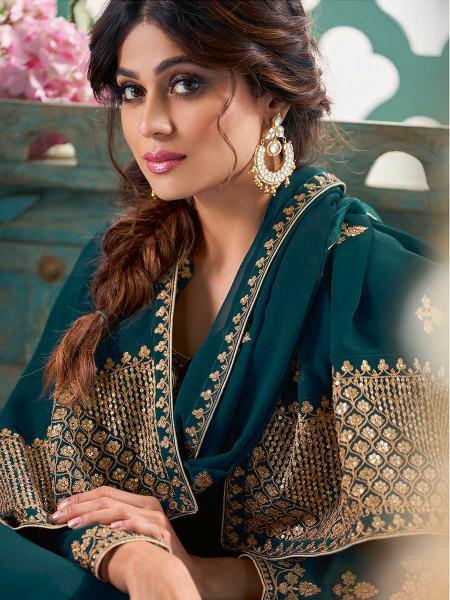Myra Teal Embroidered Real Georgette Anarkali Suit
