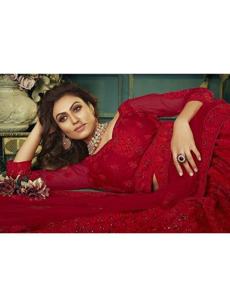 Beautiful Red Heavy Embroidered Net Bridal 