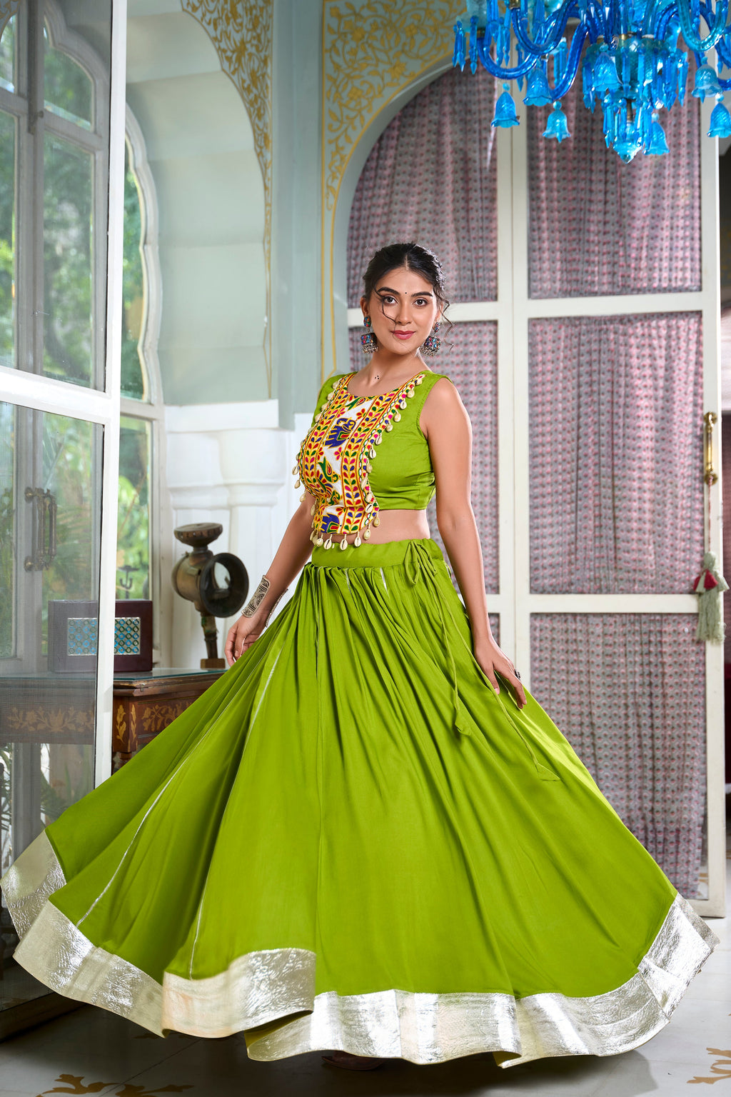 Lorenvalley Parotgreen Rayon Plain And Lace Border With Gotta Patti Touch Up Lehenga Choli