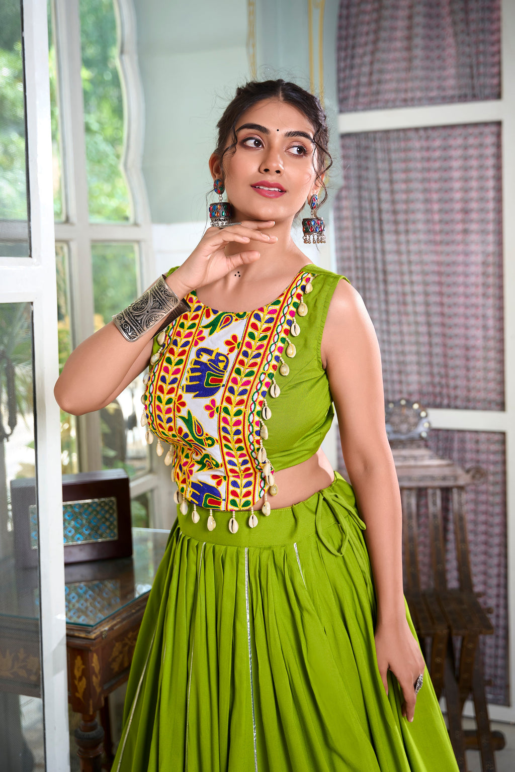 Lorenvalley Parotgreen Rayon Plain And Lace Border With Gotta Patti Touch Up Lehenga Choli