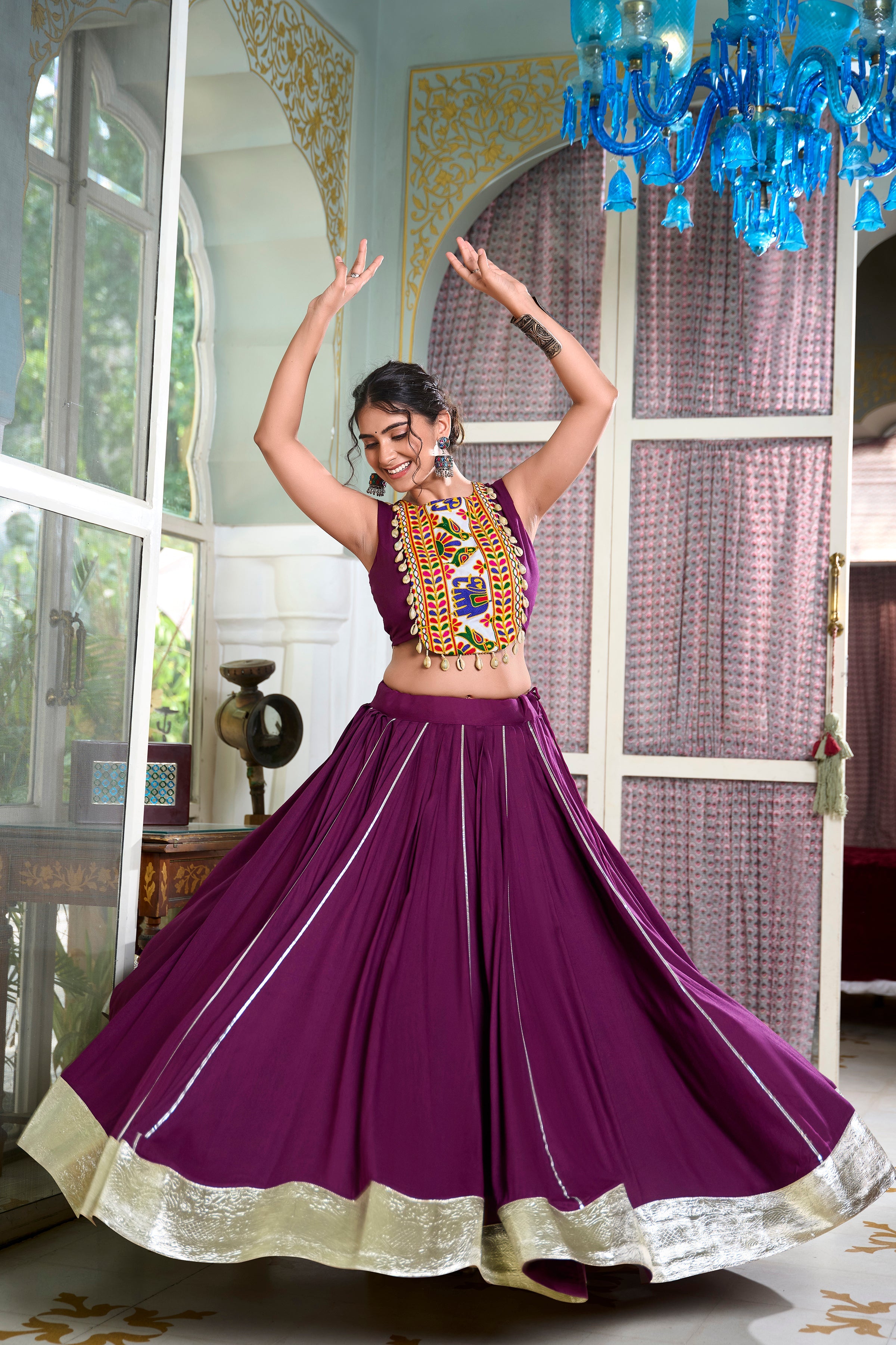 Lorenvalley Wine Rayon Plain And Lace Border With Gotta Patti Touch Up Lehenga Choli