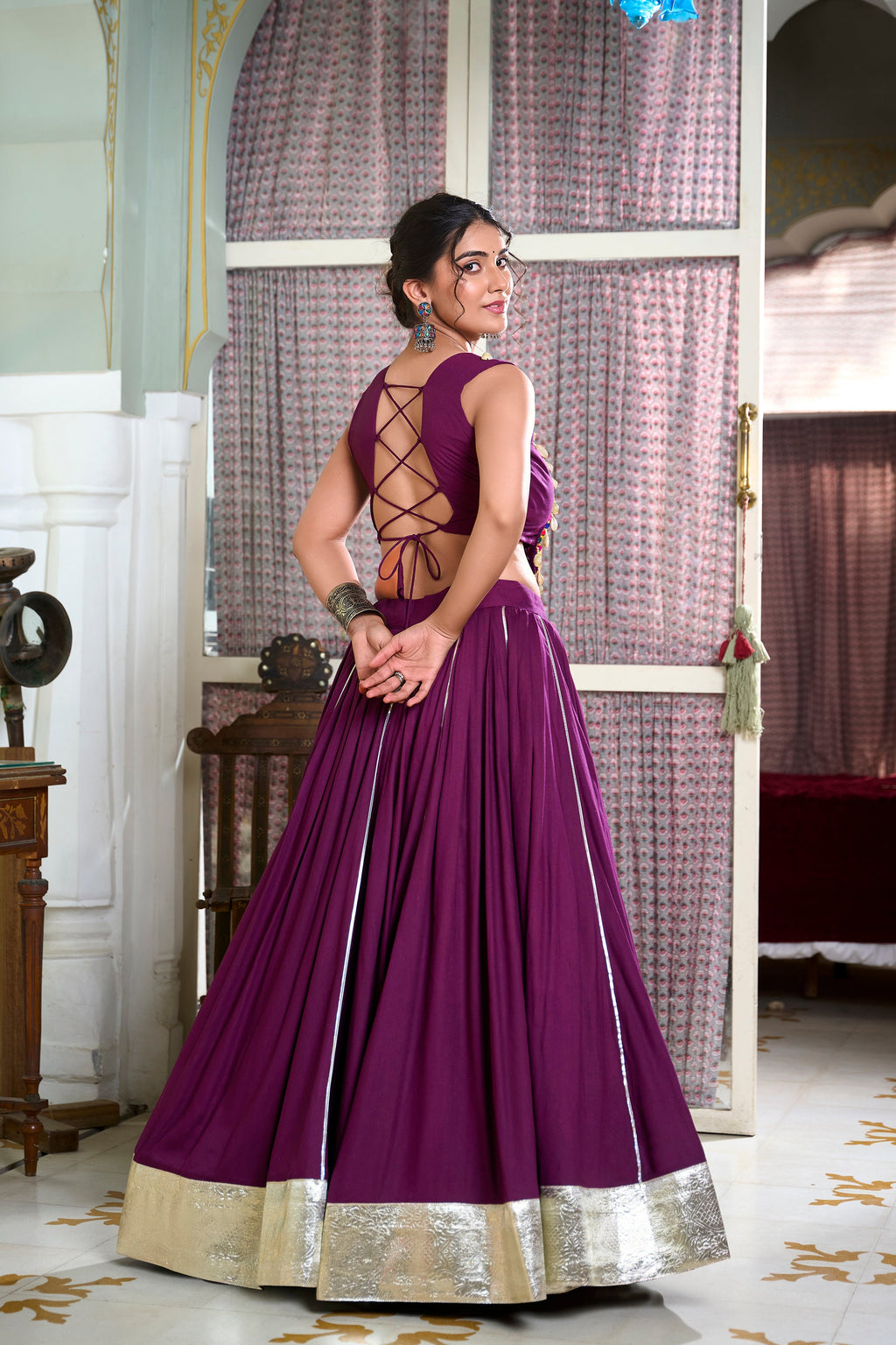 Lorenvalley Wine Rayon Plain And Lace Border With Gotta Patti Touch Up Lehenga Choli
