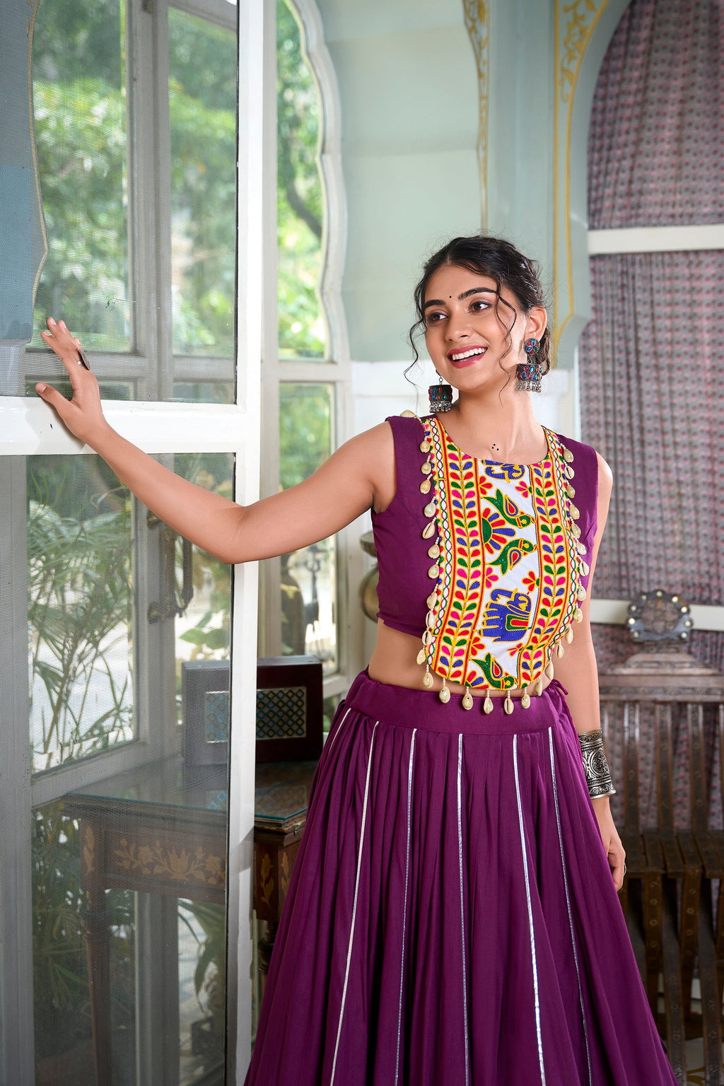 Lorenvalley Wine Rayon Plain And Lace Border With Gotta Patti Touch Up Lehenga Choli