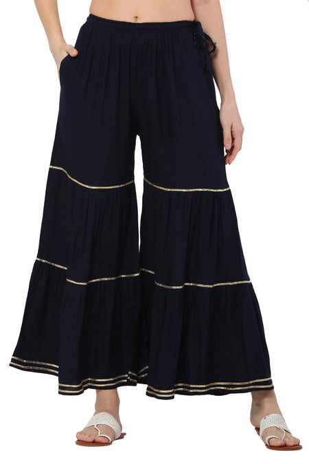 PAVONINE Navy Blue Color 3-Panels Golden Gota Flared Sharara For Women