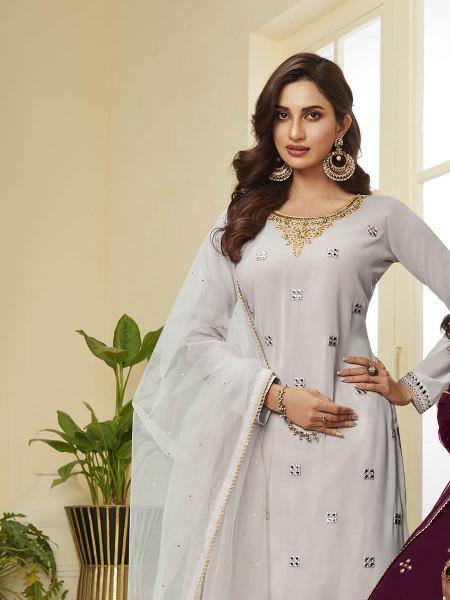 Myra Grey Georgette Embroidered Palazzo Suit