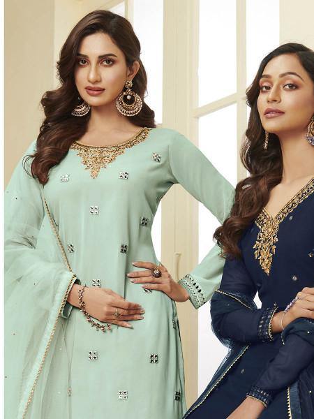 Myra Aqua Blue Georgette Embroidered Palazzo Suit