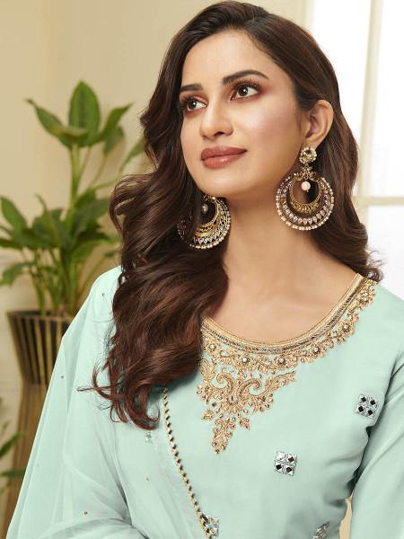 Myra Aqua Blue Georgette Embroidered Palazzo Suit online