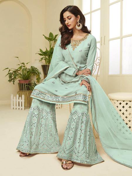 Myra Aqua Blue Georgette Embroidered Palazzo Suit S, M, L, XL, XXL 