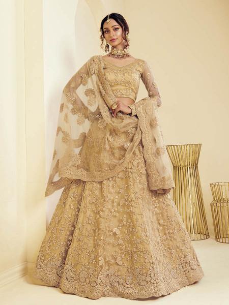 Myra Golden Heavy Embroidered Net bridal Lehenga