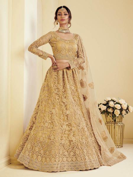 Myra Golden Heavy Embroidered Net bridal Lehenga
