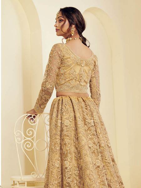 Beautiful Golden Heavy Embroidered Net Bridal Lehenga