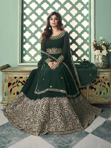  Green and Gold Georgette Embroidered Anarkali Suit