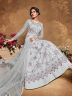 Myra Light Grey Butterfly Net Embroidered Anarkali Suit