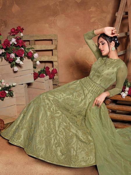 Beautiful Pista Butterfly Net Embroidered Anarkali 