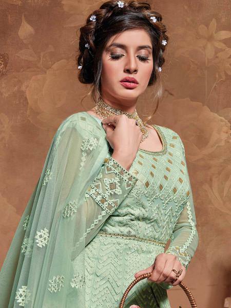 Pastel Green Butterfly Net Embroidered Anarkali Suit