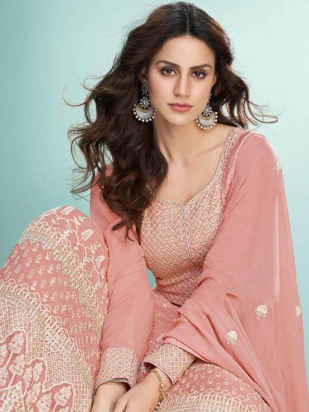 Myra Peach Real Georgette with Luckhnavi work Anarkali Suit