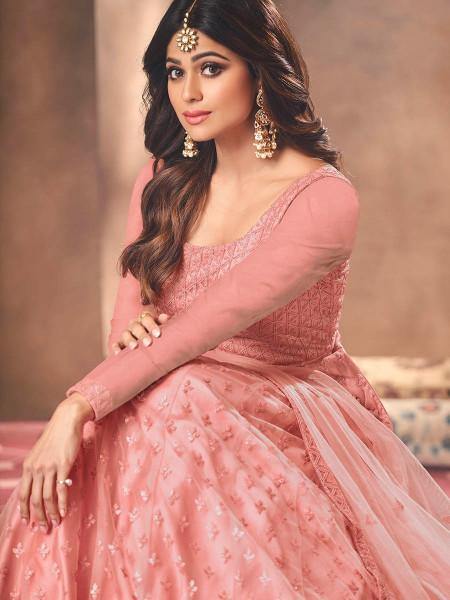 Beautiful Dusty Pink Butterfly Net Embroidered Anarkali 