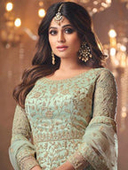 Beautiful Pastel Green Butterfly Net Embroidered Anarkali Suit