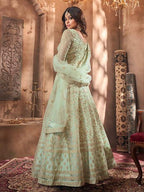 Beautiful Pastel Green Butterfly Net Embroidered Anarkali 