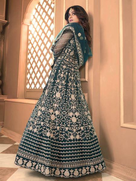 Myra Rama Green Butterfly Net Embroidered Anarkali Suit