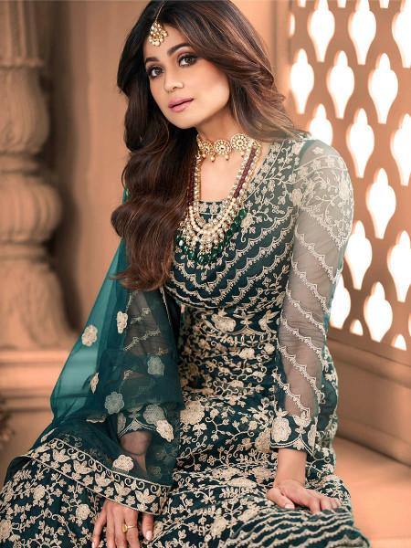 Myra Rama Green Butterfly Net Embroidered Anarkali Suit