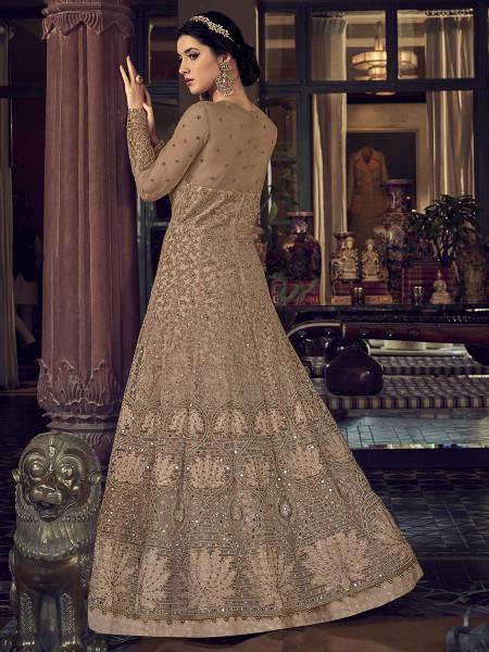 Golden Cream Embroidered Butterfly Net Anarkali Suit