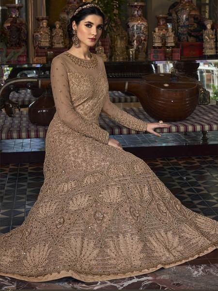 Golden Cream Embroidered Butterfly Net Anarkali 