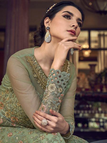 Myra Fashion Pista Embroidered Butterfly Net Anarkali 