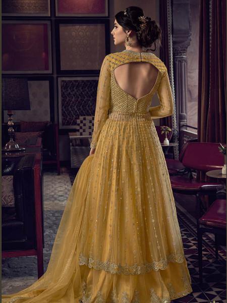 Mustard Yellow Embroidered Butterfly Net Anarkali 